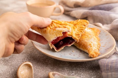 Triangles Pie, Puff Pastry, Samsa with cherry jam on brown concrete background and linen textile