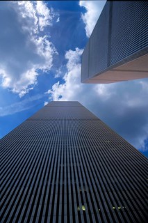 World Trade Center towers, cloudy sky, September 2000, New York City, USA, historical photo, towers