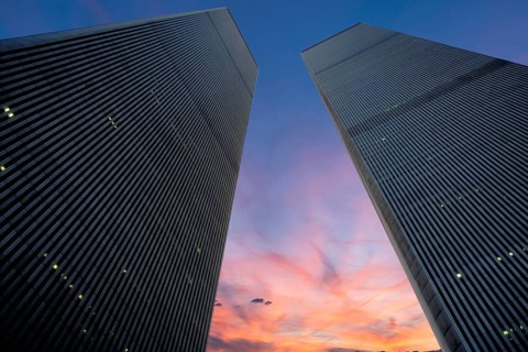 World Trade Center towers in the evening sky, September 2000, New York City, USA, historical