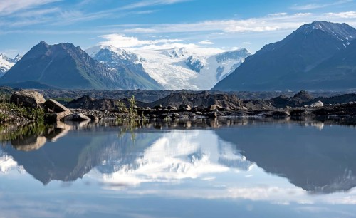 Mountain landscape reflected in glacial lake, Mount Blackburn and Kennicott Glacier, McCarthy Road,