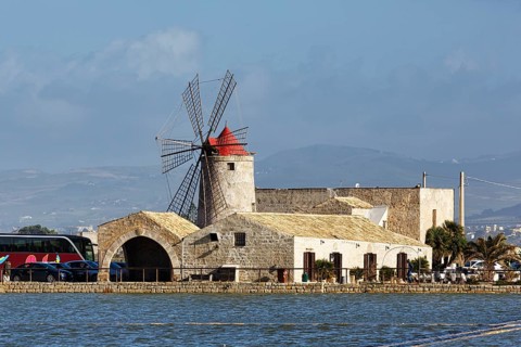 Salt museum, traditional windmill, saltworks di Trapani and Paceco nature reserve, traditional salt