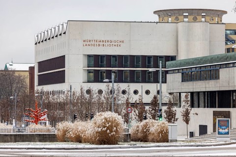 Winter in Stuttgart. There is a closed blanket of snow in the city center. Württembergische