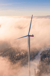 Large wind turbine in a foggy tree landscape, caught in a golden evening mood, Bad Wildbad, Calw