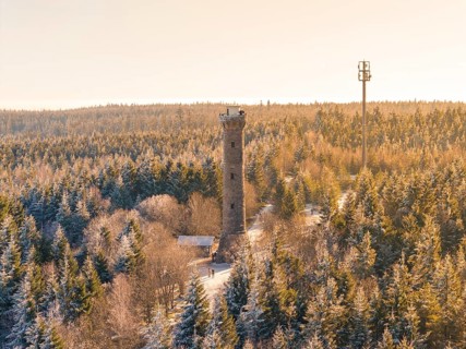 A sunny day with an observation tower between snow-covered fir trees along a forest trail,