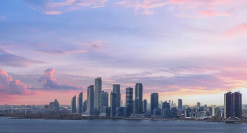 Scenic Etobicoke skyline of newly built condos and businesses near Gardiner Highway and downtown