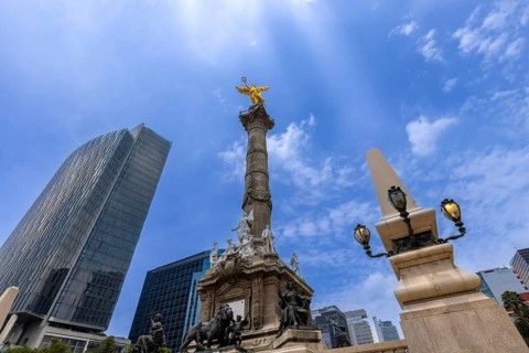Mexico City tourist attraction Angel of Independence column near financial center and El Zocalo