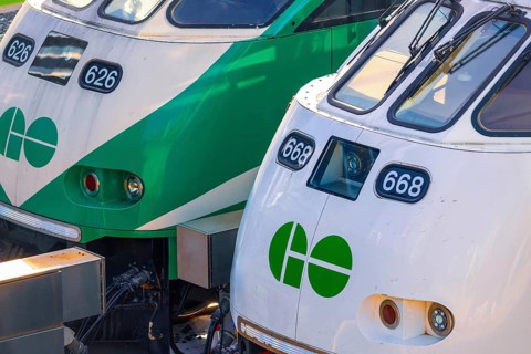 Toronto, Ontario, Canada-June 2, 2025: Toronto Go Train arriving at a platform at Union station