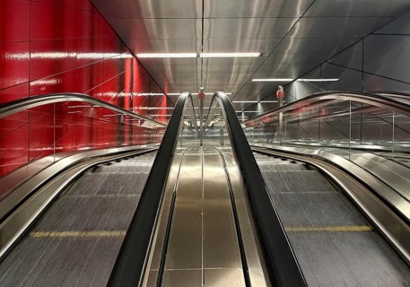 Artwork titled Three Model Spaces by Ralf Brög, escalators at Heinrich-Heine-Allee subway station,