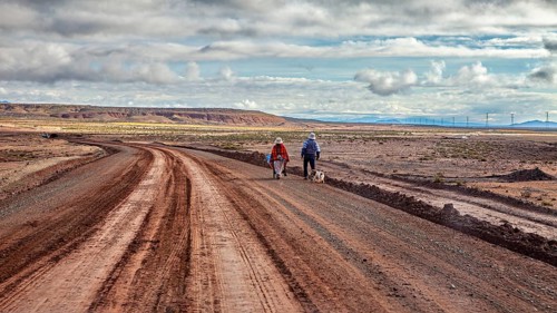 Two people and a dog on a deserted desert path under a cloudy sky, The landscape of the Altiplano