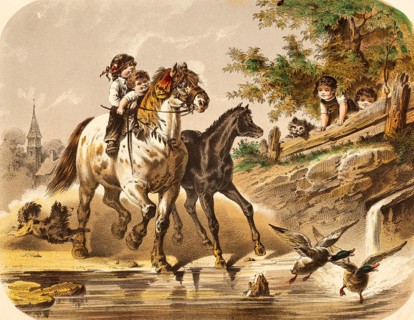 Boys and girls have fun riding on a river, two horses, children and cats on a bridge watch the