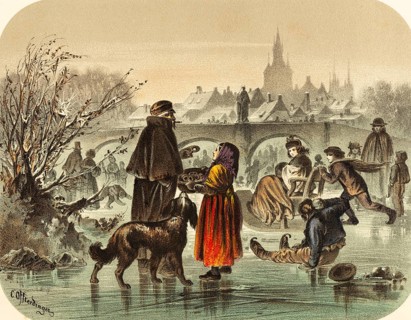 Frosty winter time, poor girl selling pretzel on the frozen river, cityscape with church and river