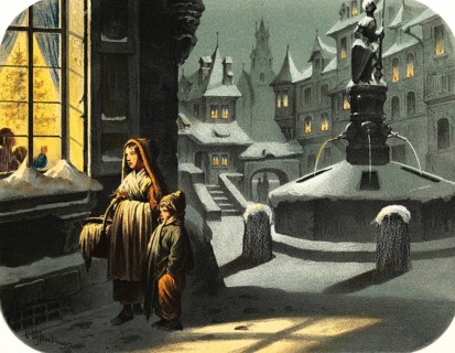 Two poor children, boy and girl, watching from the street a festively decorated Christmas tree in a