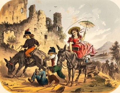 Children have fun riding on two donkeys, castle ruins in the background, stubborn donkeys throw off