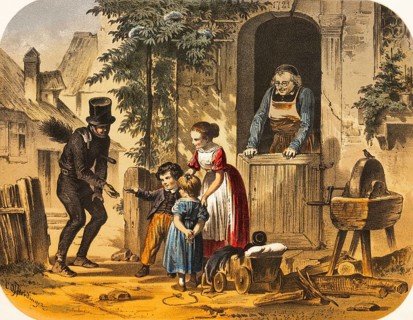 Village scene with chimney sweep, woman with two small children paying the chimney sweep, black