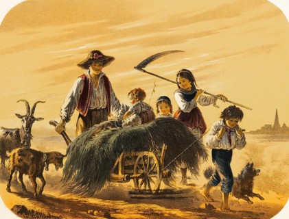Family returns home with wheelbarrow full of grass, woman carries scythe to mow, man pushes full