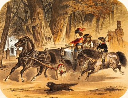 Wild ride with the open horse-drawn carriage, whip, woman steers, girl sitting in carriage, child