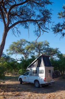 An equipped motorhome with roof tent stands under large trees in a sunny savanna, four-wheel