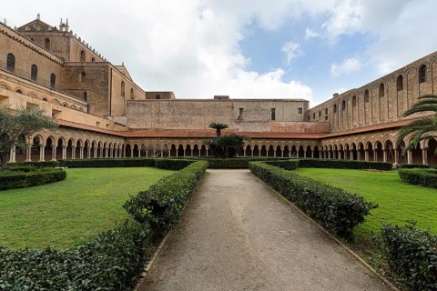 Famous Benedictine monastery cloister, courtyard garden, Norman architecture, Monreale Cathedral,