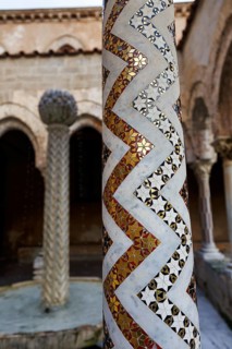 Famous cloister of the Benedictine monastery, decorated column, Cathedral of Monreale, Santa Maria