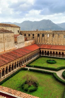 Famous Benedictine monastery cloister, courtyard garden, Norman architecture, Monreale Cathedral,