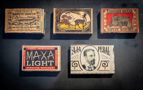 Matchboxes with old label design and different motifs, Tändsticksmuseet matchstick museum or match