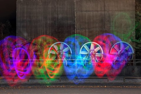 Light painting, color-lit fans of the former cooling plant, Landschaftspark Duisburg-Nord,