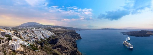 Greek islands, scenic Santorini Sea landscapes at sunset and Fira views
