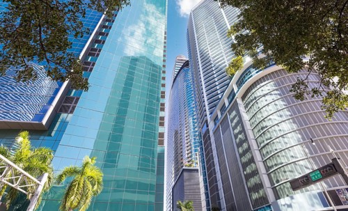 Miami downtown financial skyline and business shopping center near Biscayne bay and South beach