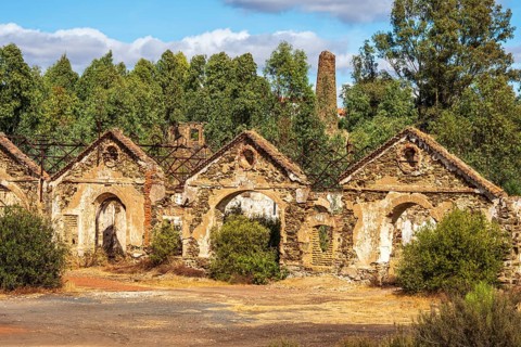 Ruins of former workshop halls, Mina de Sao Domingos, historic copper open-pit mine, Portugal
