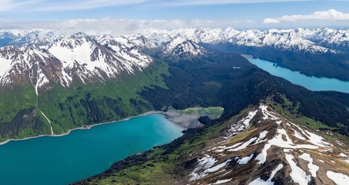 View of mountain landscape with turquoise blue fjord Sadie Cove and Tutka Bay, aerial view, Grace