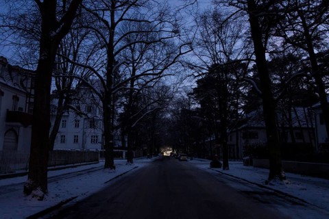 A dark and unlit street during a large-scale power outage in the Steglitz-Zehlendorf district,