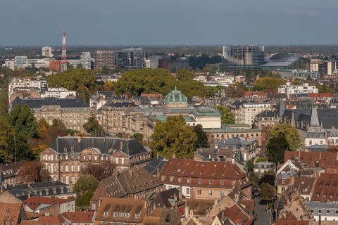 The stone balcony offers a view of the city of Strasbourg. Houses and buildings can be seen under a