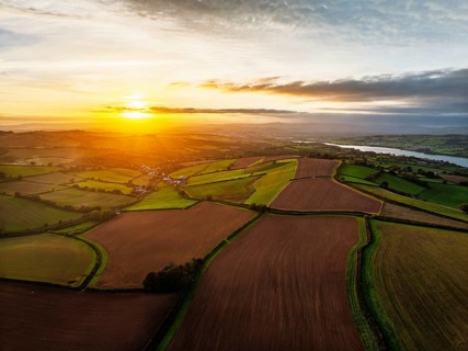 Colours of autumn Fields and Farms over Sheldon from a drone, Torbay, Devon, England, United