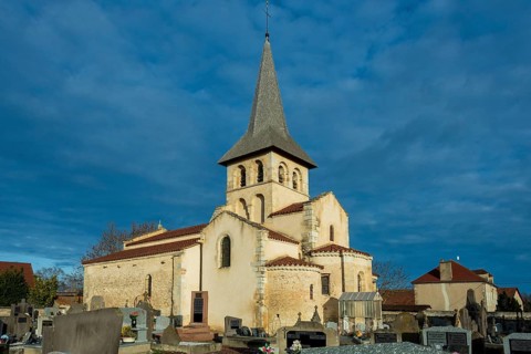 Mazerier village. Painted church St. Saturninus Church. Allier department, Auvergne Rhone Alpes,
