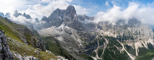 View of picturesque mountain landscape with rocky peaks, Cima Tosa peaks in the back, Via Ferrata