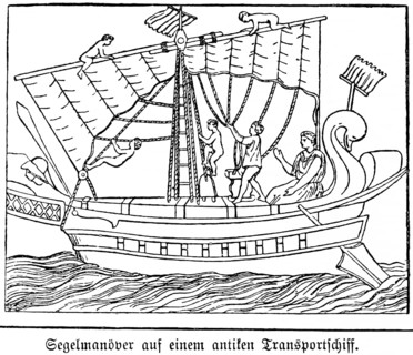 Sailing manoeuvres on an antique transport ship, central mast with wind vane, naked men setting