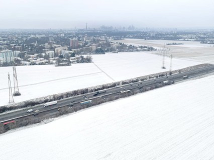 The fields in the north-west of Frankfurt am Main covered in snow. (Aerial view with a drone) On
