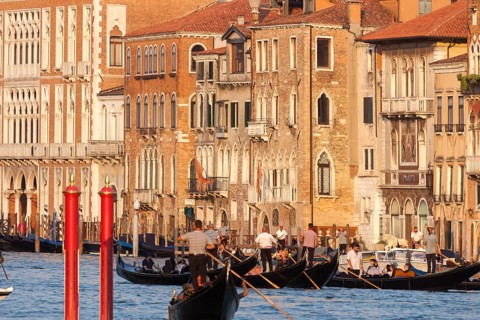 Gondolas and palaces on the Grand Canal, Venice, Veneto, Italy