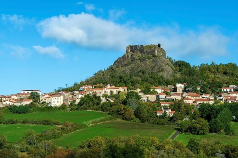 Buron village and his castle. Puy de Dome. Auvergne Rhone Alpes. France