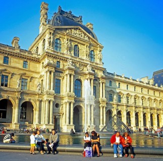 Entrance area, people, fountain, Louvre, Paris, France, September 1998, vintage, retro, old,