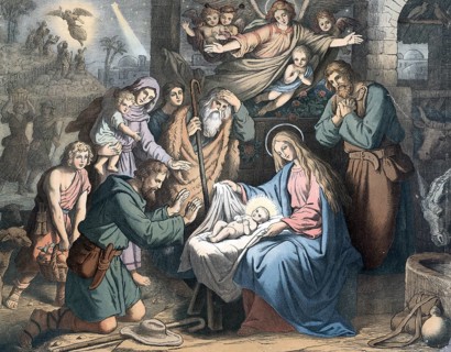 Scene from the biblical story, The Birth of Jesus, authentic reproduction of a school mural,