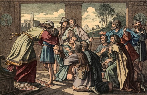 Scene from the biblical story, Joseph reveals himself to his brothers, authentic reproduction of a