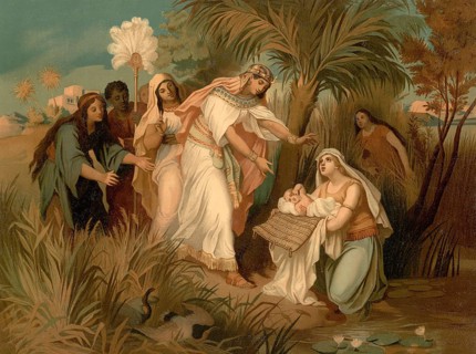 Scene from the biblical story, Moses as a baby is found by the pharaoh's daughter in a reed basket