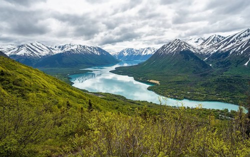 View of snowy mountains and turquoise lake Kenai Lake, Slaughter Ridge Trail, Cooper Landing, Kenai