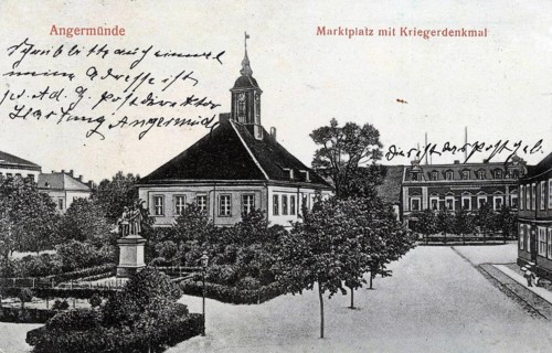 Angermünde, market square, district of Uckermark in the state of Brandenburg, Germany, postcard,