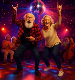 Two mobile seniors, an old man and an old woman dance enthusiastically to fast music, symbolic