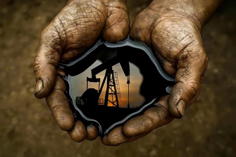 Two hands scoop oil, it reflects a drilling rig, production tower, symbolic image of energy, crude
