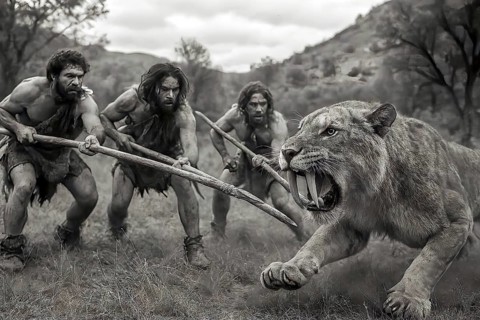A sabre-toothed tiger, sabre-toothed cat, Smilodon (Machairodontinae) is attacked by prehistoric