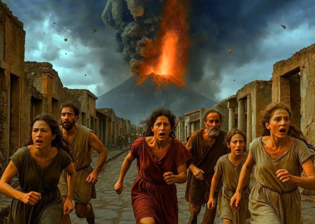 People are running for their lives, the fall of the Roman city of Pompeii in 79 AD due to an