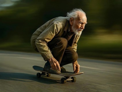 An old bearded man rides on a skateboard at high speed, symbolic image sport, old age sport, roller